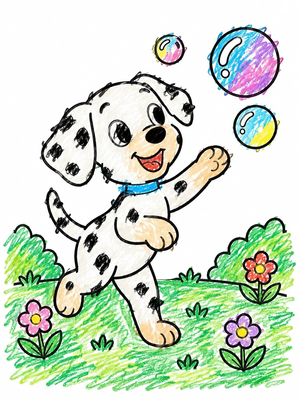 Colored example of the Playful Dalmatian Puppy Chasing Soap Bubbles coloring page
