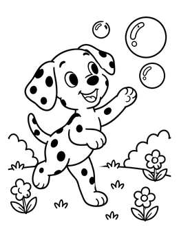 A playful dalmatian coloring page featuring a puppy chasing floating soap bubbles in a garden.