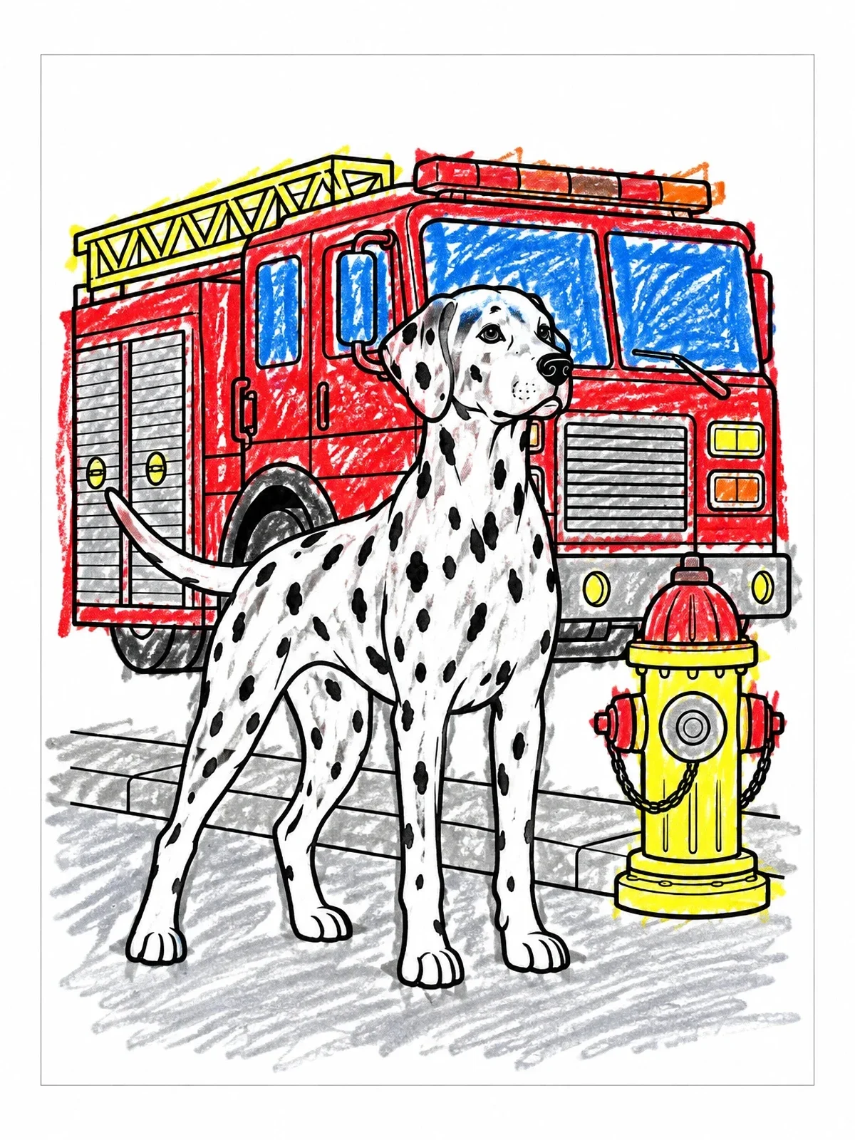 Colored example of the Dalmatian Standing By Fire Truck coloring page