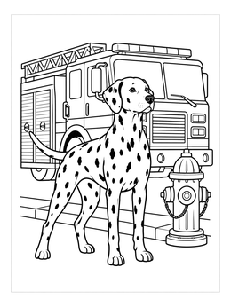 A dalmatian coloring page featuring an alert dog standing in front of a fire engine and hydrant.
