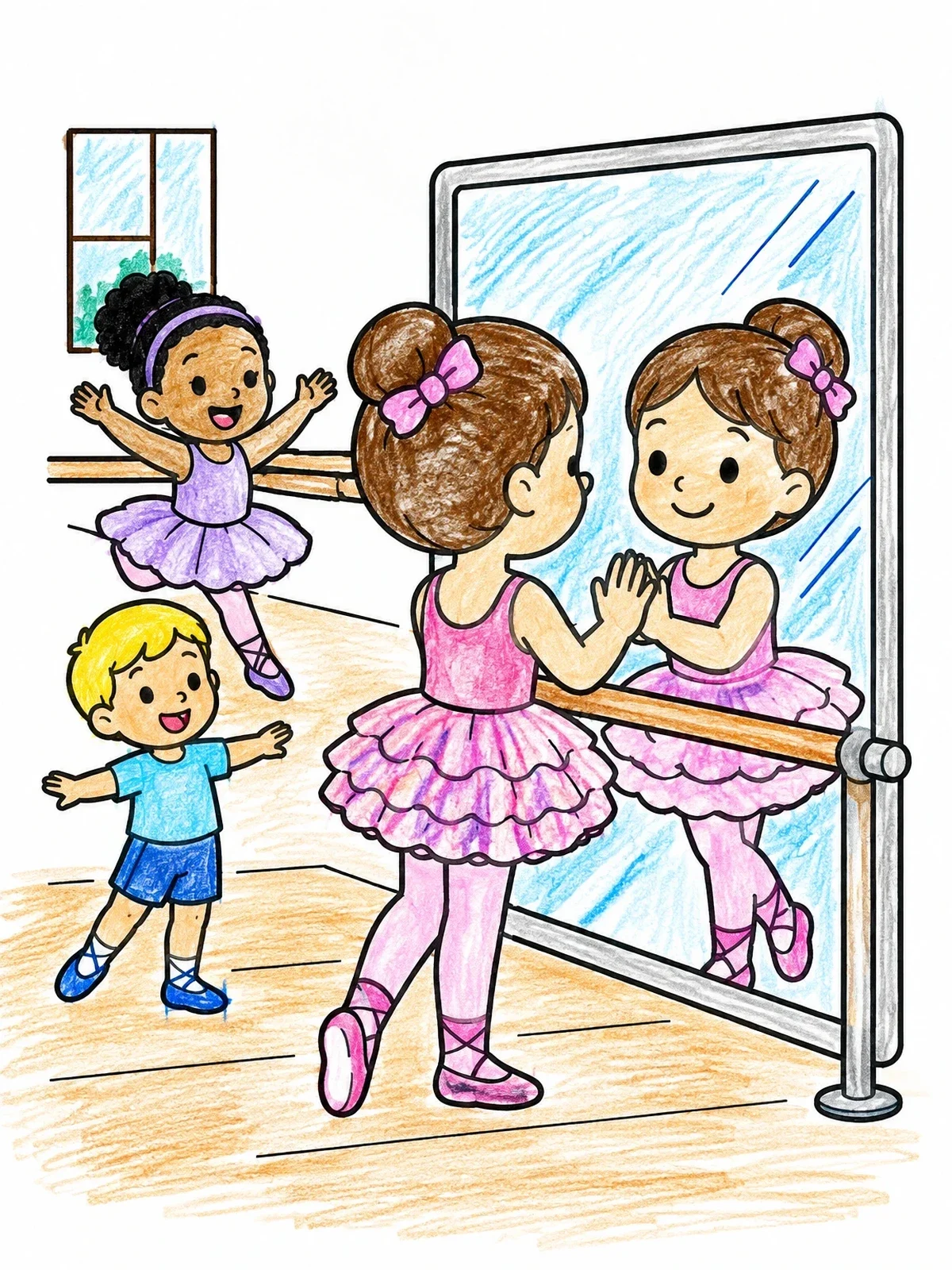 Colored example of the Little Ballerinas At The Studio Mirror coloring page