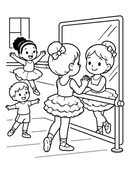 A young ballerina practicing in a mirror on this dance coloring page.