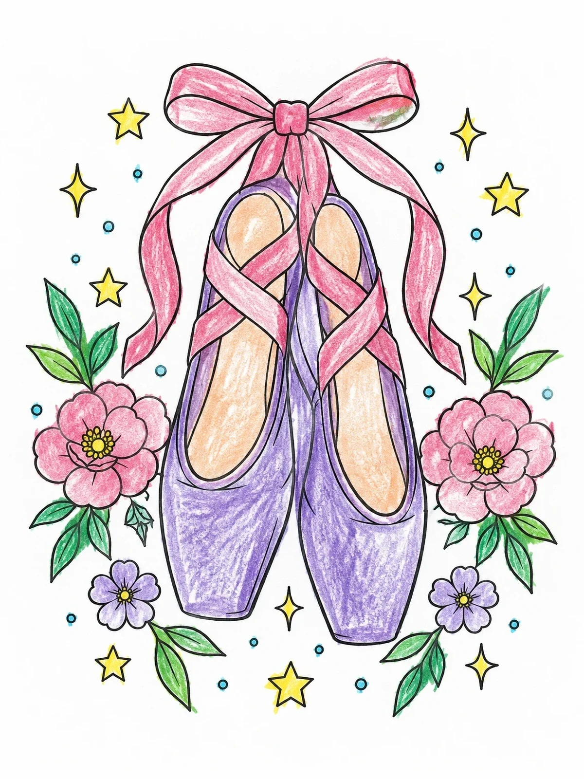 Colored example of the Ballet Pointe Shoes And Flowers coloring page