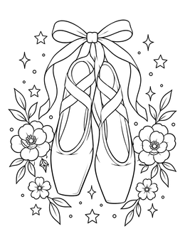A floral dance coloring page featuring tied ballet pointe shoes, blooms, and stars.