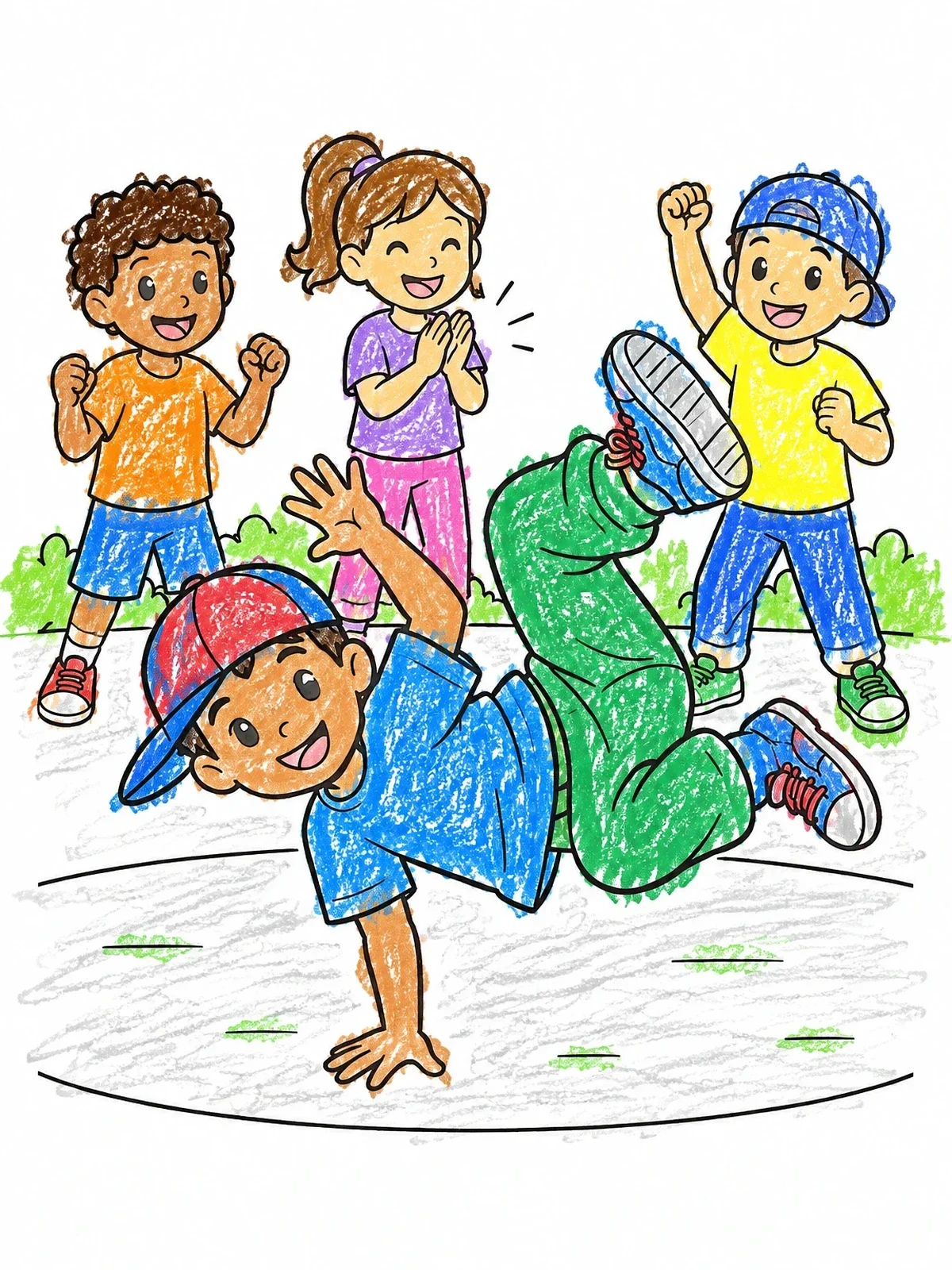 Colored example of the Boy Breakdancing For Cheering Friends coloring page