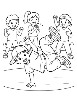 A boy performs a breakdance freeze for his friends in this dance coloring page.