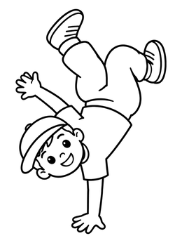 A happy young breakdancer balances upside down on this dance coloring page.