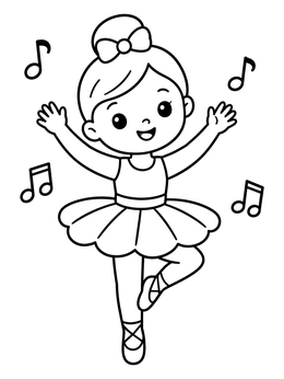 A happy little ballerina dances among music notes on this dance coloring page.