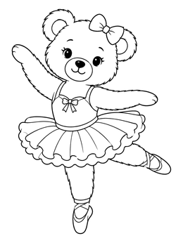 A cute bear in a tutu poses gracefully on this dance coloring page.