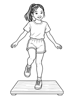 A cheerful girl dances on a wooden board in this dance coloring page.