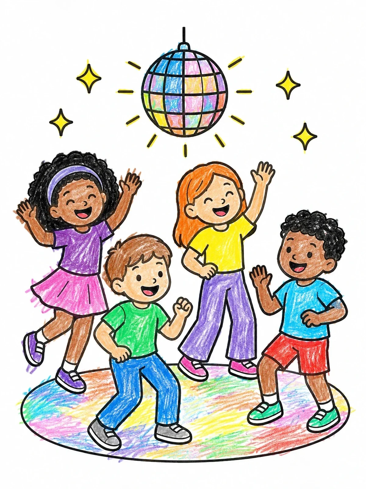 Colored example of the Kids Dancing Under Disco Ball coloring page