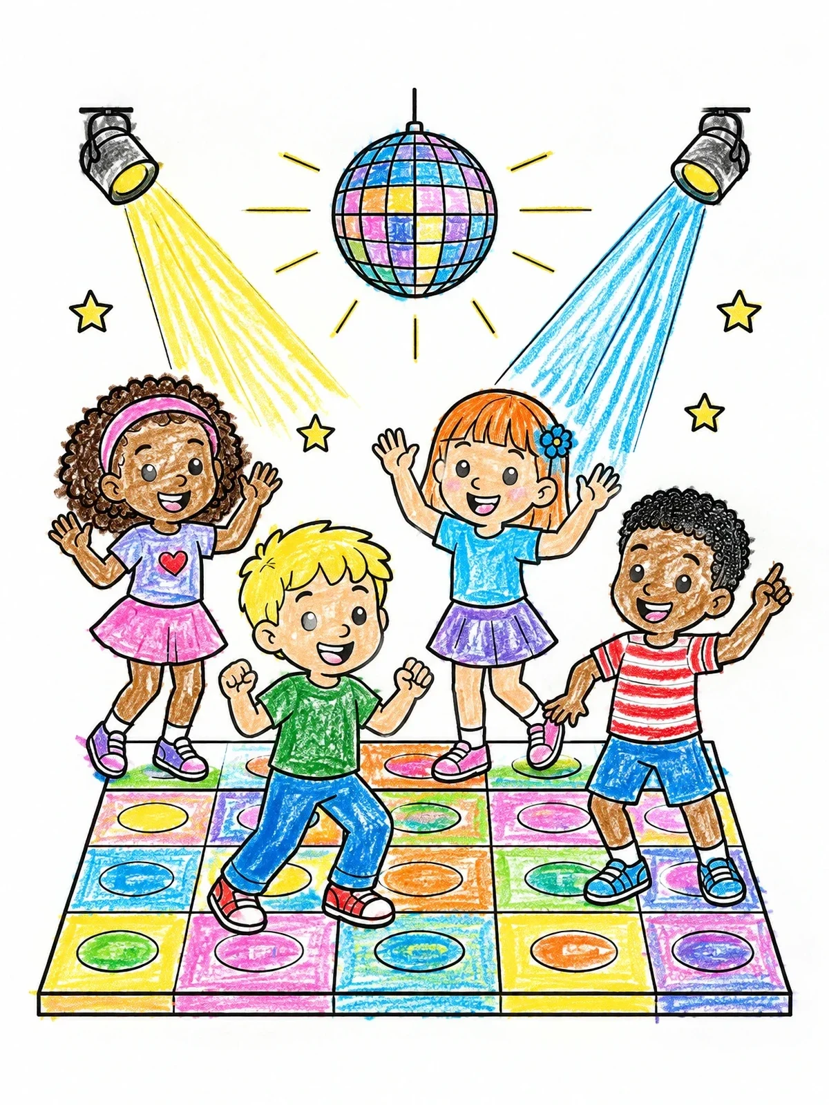 Colored example of the Kids Dancing Under Disco Ball coloring page
