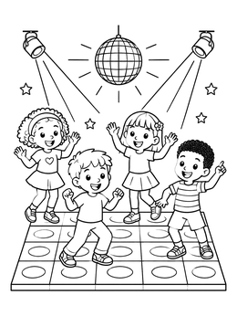 Children having fun on a disco dance coloring page with spotlights and sparkles.