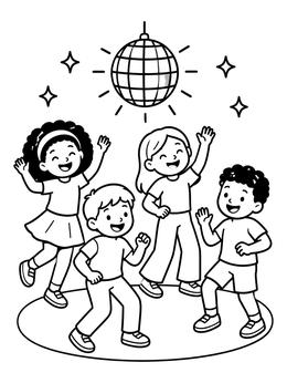 A fun dance coloring page featuring four cheerful children dancing under a shining disco ball.