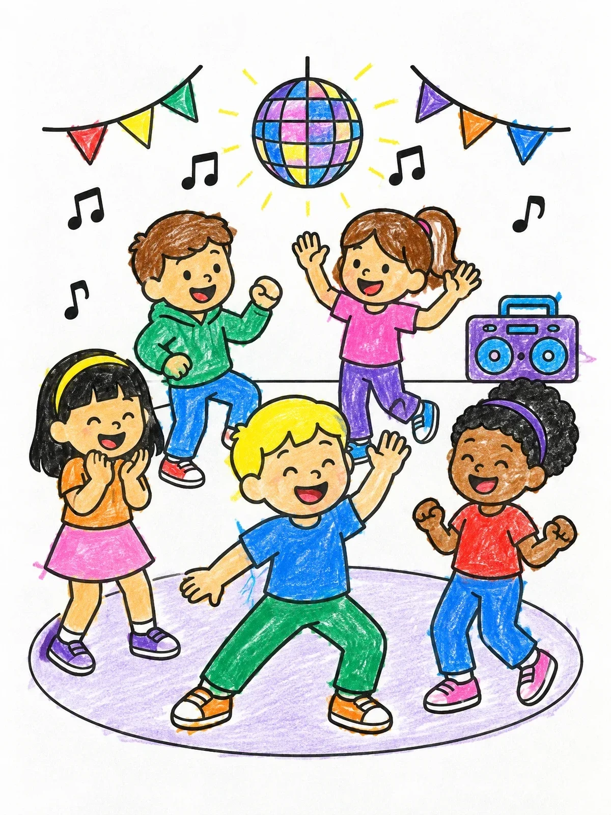 Colored example of the Kids Dancing At A Party coloring page