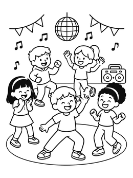 Happy children dance coloring page under a disco ball and party banners.