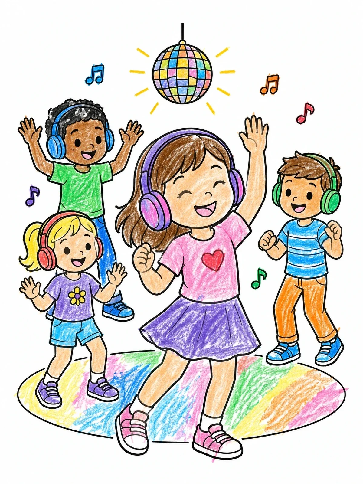 Colored example of the Kids Dancing At Silent Disco coloring page