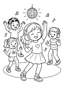 Happy children with headphones groove under a disco ball in this dance coloring page.