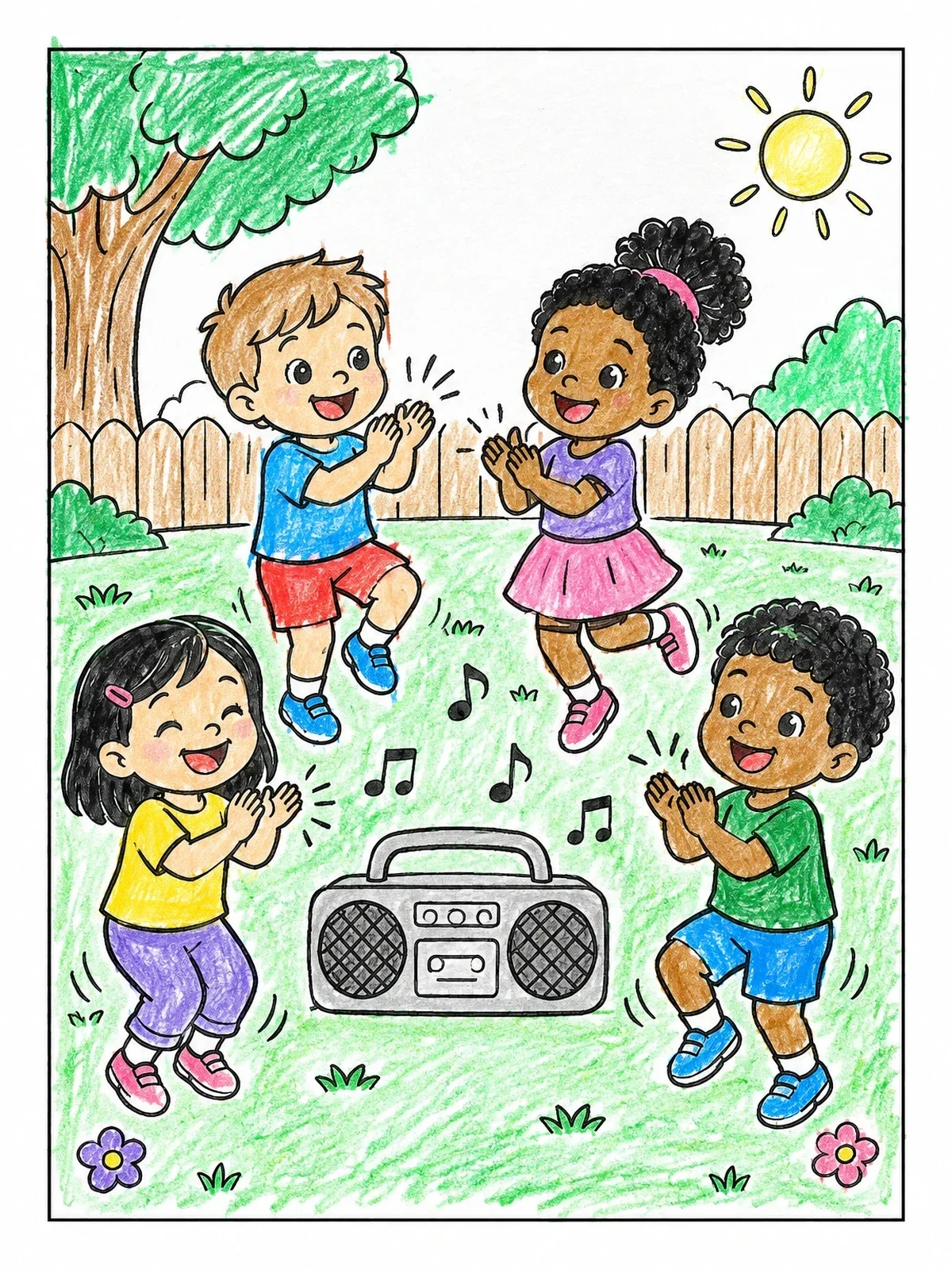 Colored example of the Toddlers Dancing To Boombox Music coloring page