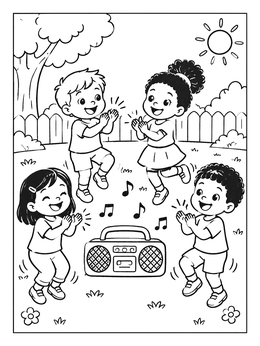 Happy toddlers clap and dance around a radio in this fun dance coloring page.