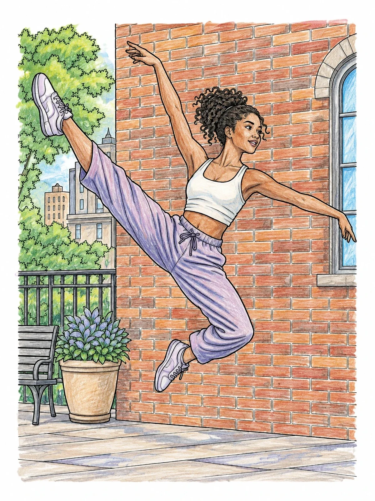 Colored example of the Dancer Leaping By A Brick Wall coloring page
