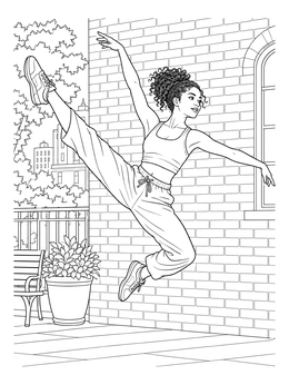 A dynamic dance coloring page showing a girl leaping gracefully in the air against a brick wall backdrop.