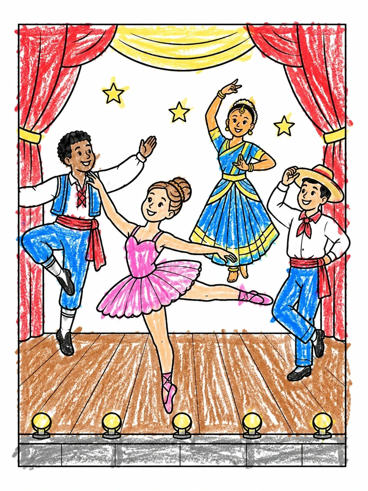 Colored example of the Dancers Performing On Theater Stage coloring page