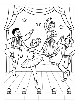 Dancers in various costumes perform on a theater stage in this dance coloring page.
