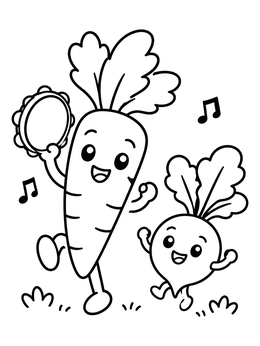 A cheerful carrot coloring page showing a dancing carrot with a tambourine beside a little radish.