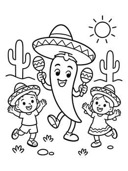 Free printable Dancing Chili Pepper With Sombrero And Kids coloring page