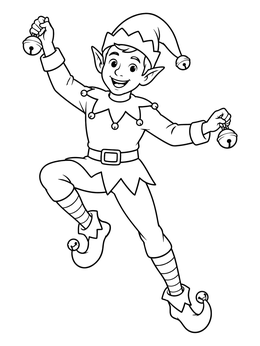 Free printable Cheerful Dancing Christmas Elf With Bells coloring page