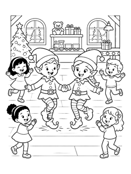 Free printable Dancing Christmas Elves And Cheerful Children coloring page