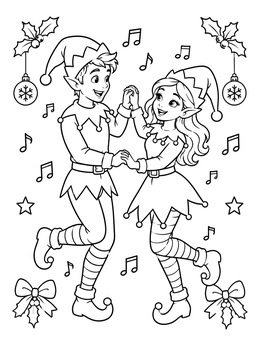 Free printable Dancing Christmas Elves coloring page