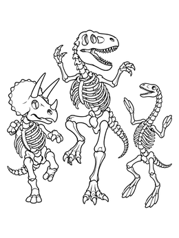 A joyful carnival of the animals coloring page featuring three dinosaur skeletons dancing happily.