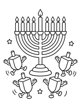 Free printable Dancing Dreidels Around A Hanukkah Menorah coloring page
