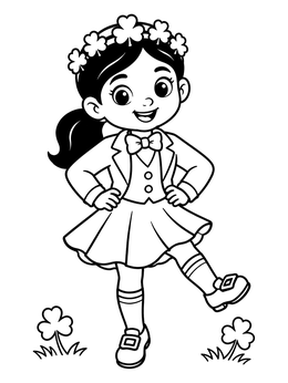 Free printable Dancing Leprechaun Girl With Clover Crown coloring page