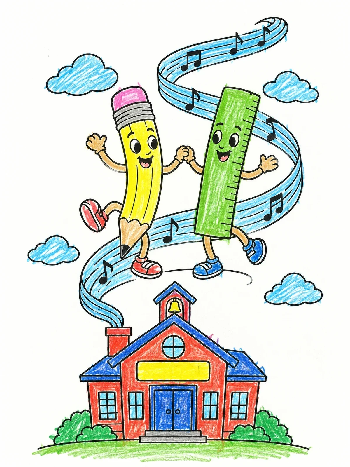 Colored example of the Dancing School Supplies Above Schoolhouse coloring page