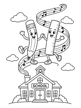 Free printable Dancing School Supplies Above Schoolhouse coloring page