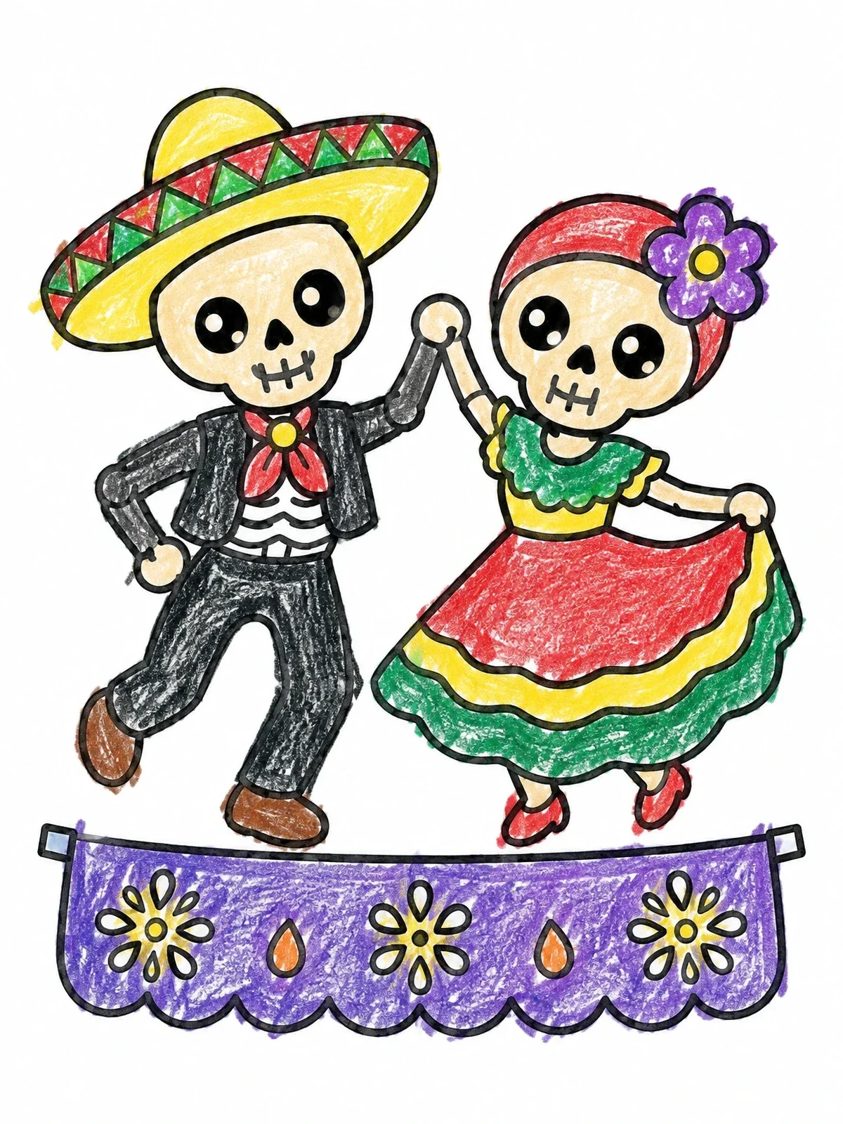 Colored example of the Dancing Skeletons With Papel Picado Banner coloring page