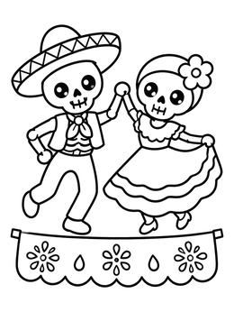 Free printable Dancing Skeletons With Papel Picado Banner coloring page