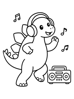 A cute stegosaurus coloring page featuring a dancing dinosaur listening to a boombox.