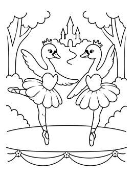 Two graceful swan ballerinas dancing on stage in this swan coloring page.