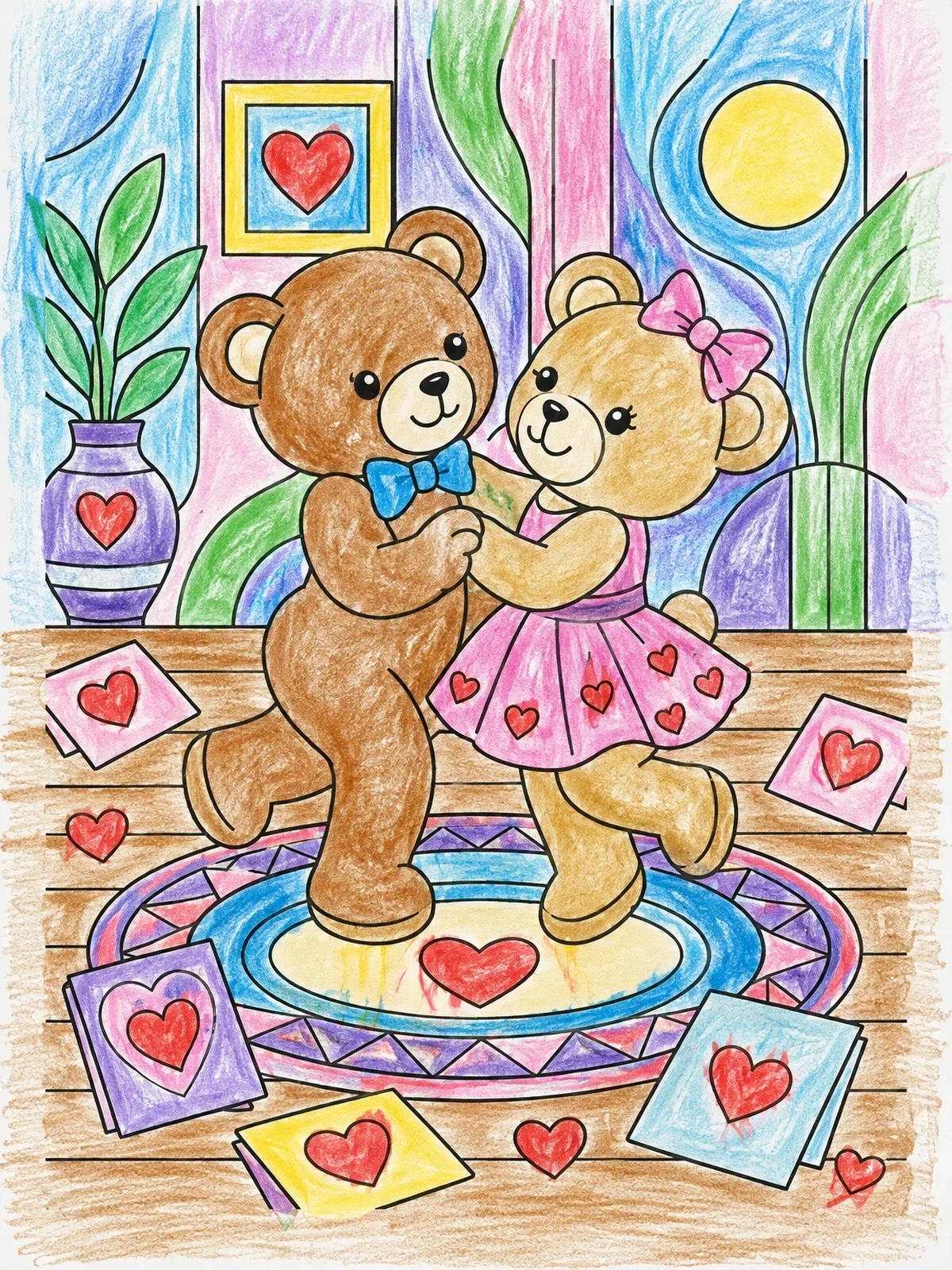 Colored example of the Dancing Teddy Bears On Valentine's Day coloring page