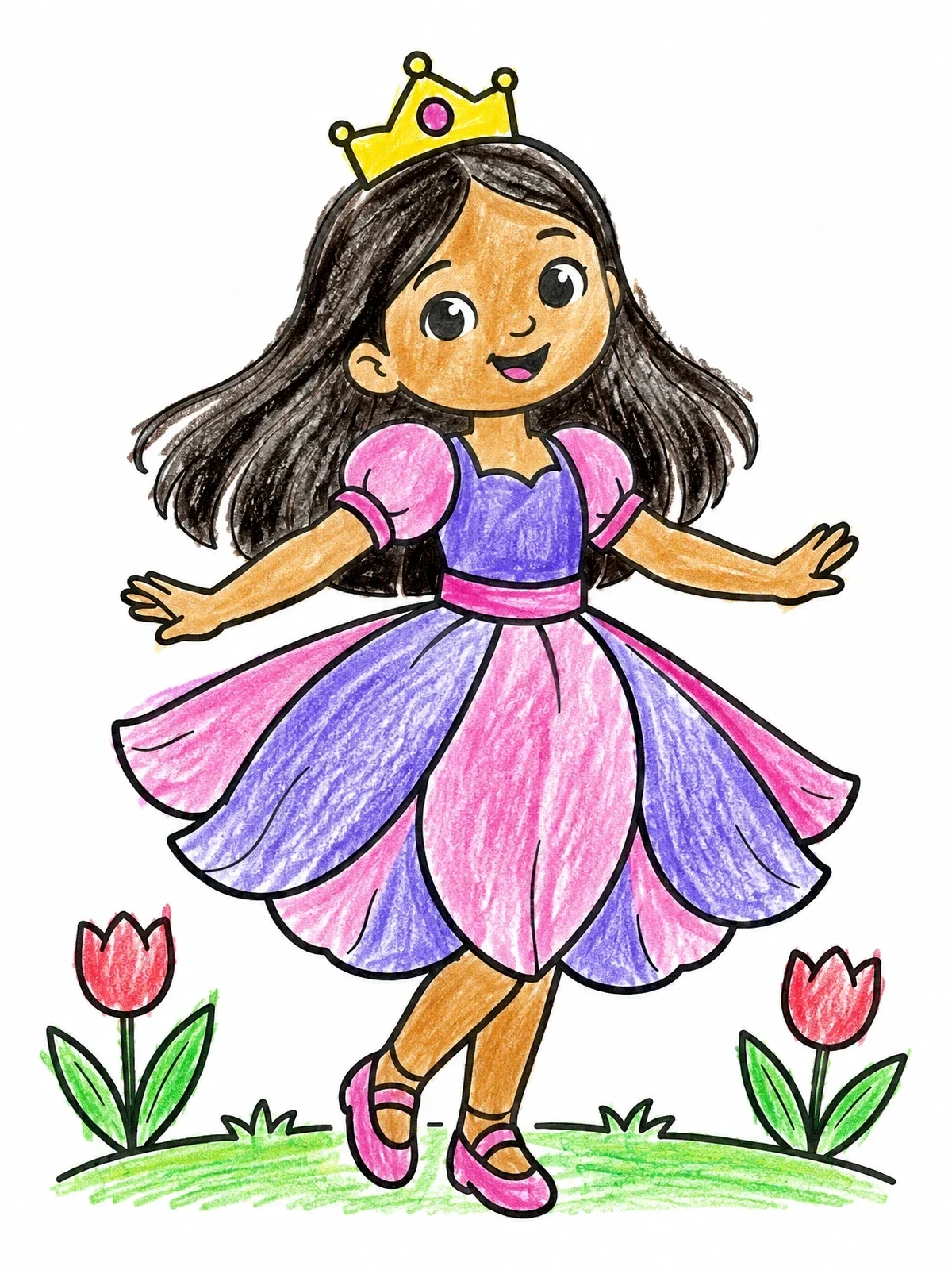 Colored example of the Dancing Tulip Flower Princess coloring page