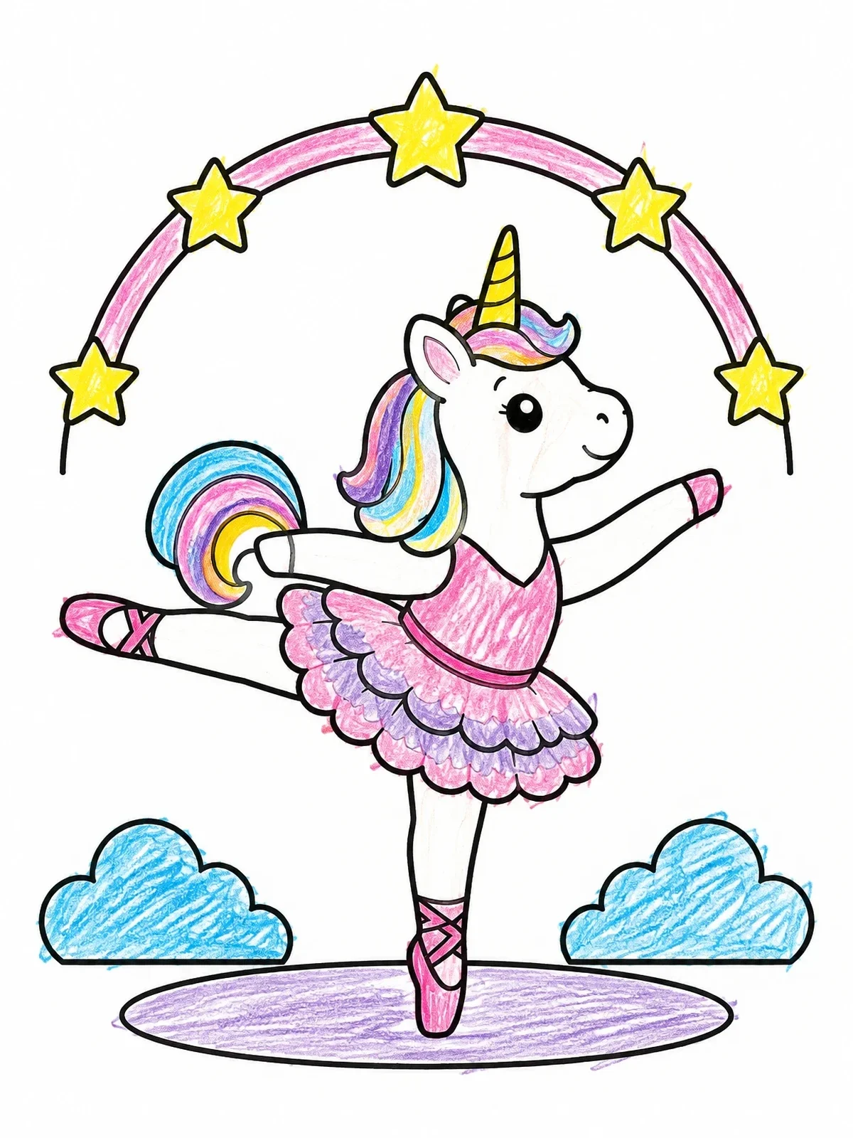 Colored example of the Dancing Unicorn Ballerina With Star Arch coloring page