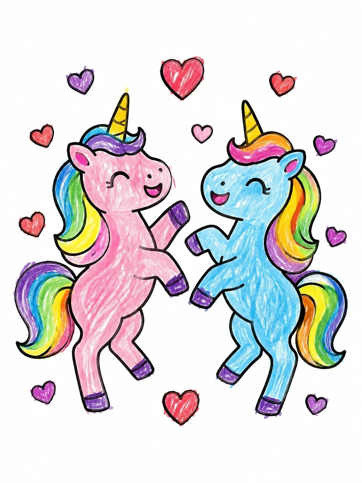 Colored example of the Dancing Valentine Unicorns With Hearts coloring page
