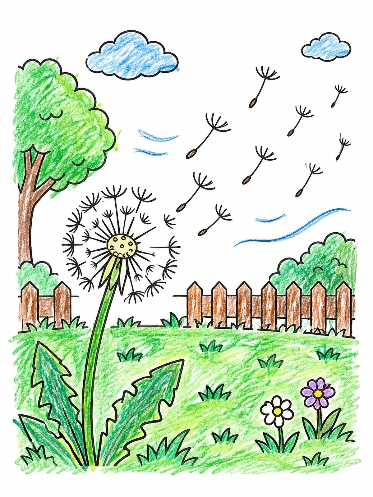 Colored example of the Dandelion Seeds Blowing In The Breeze coloring page