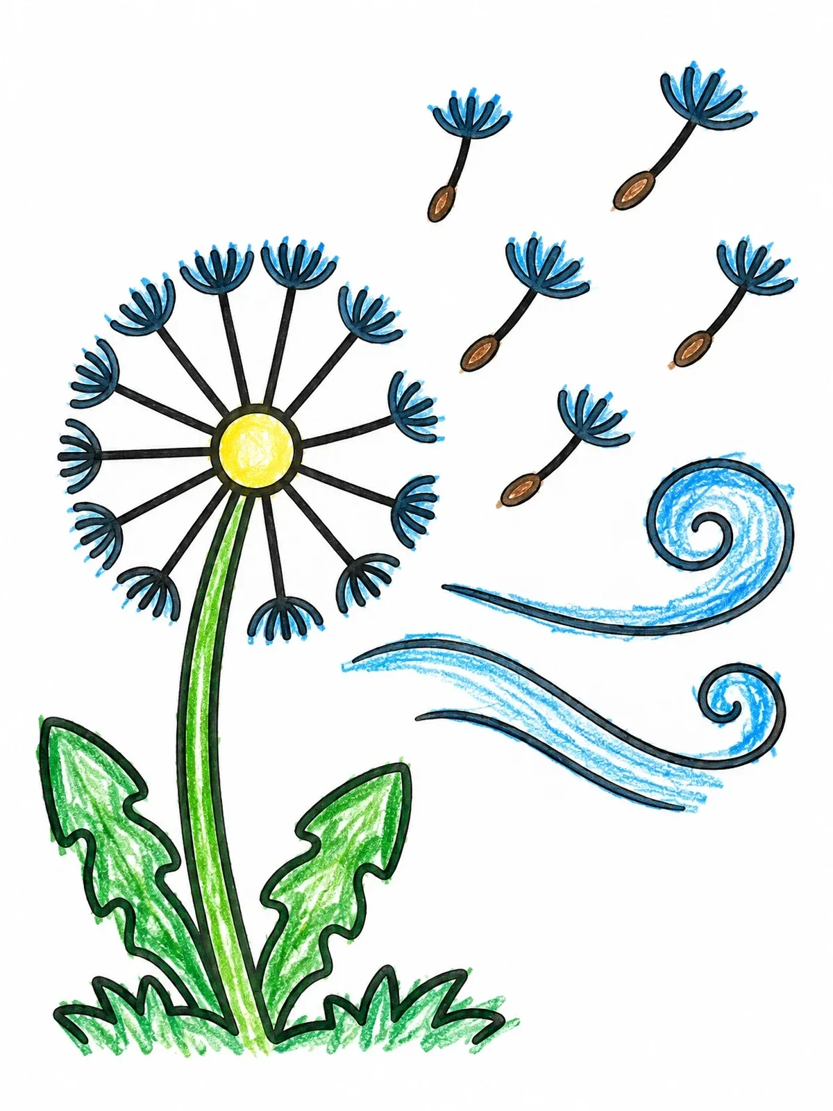 Colored example of the Dandelion Seeds Blowing In The Wind coloring page