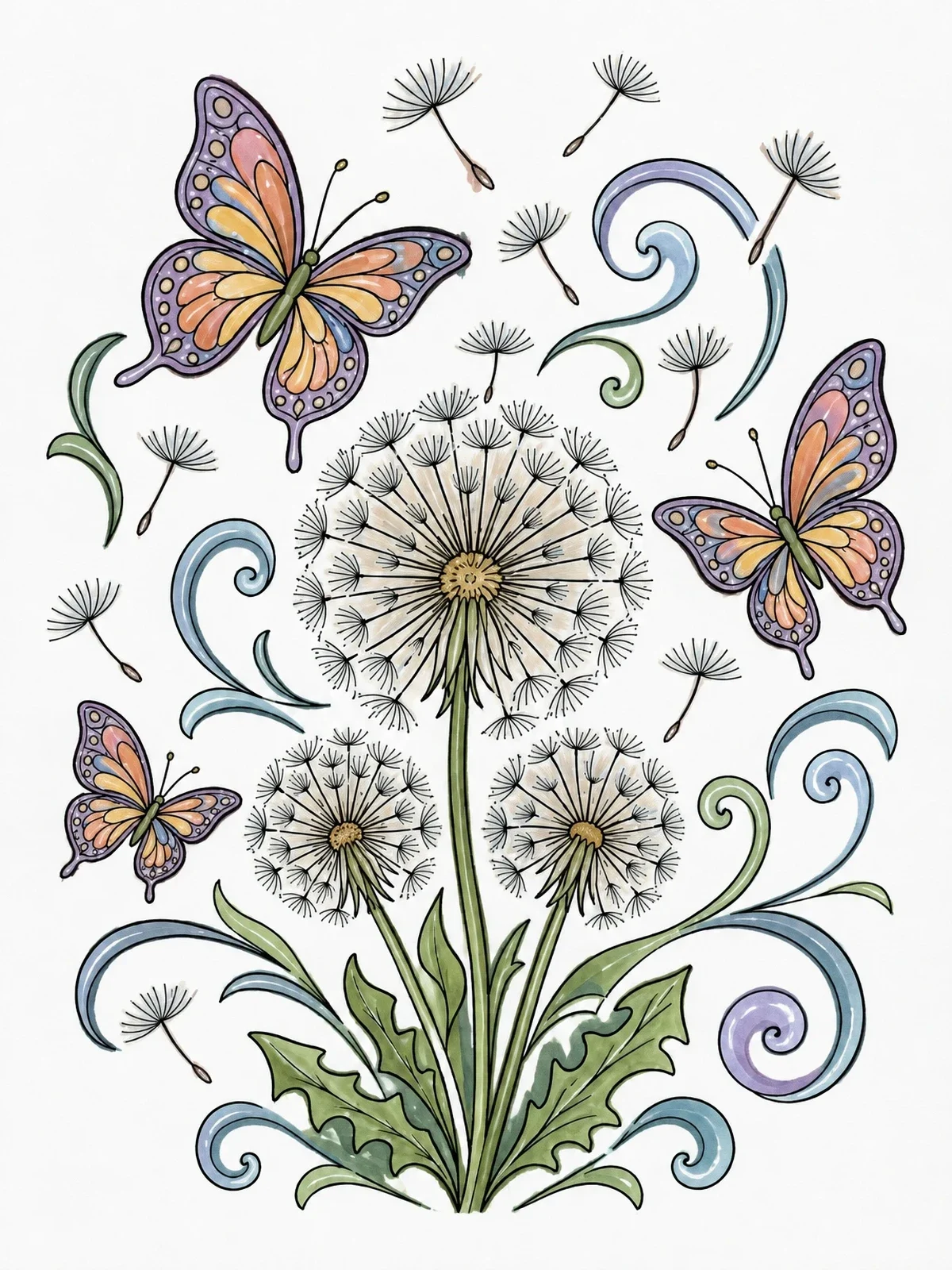 Colored example of the Dandelions And Fluttering Butterflies coloring page