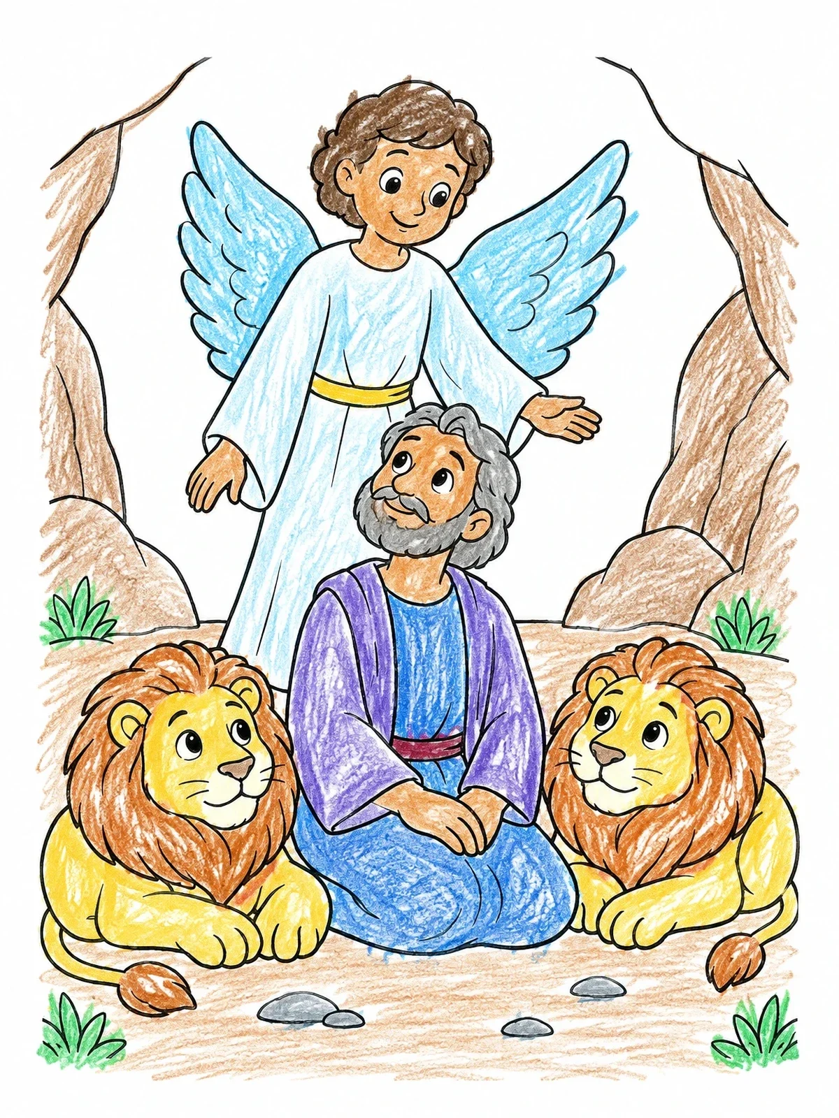 Colored example of the Daniel With Angel And Friendly Lions coloring page